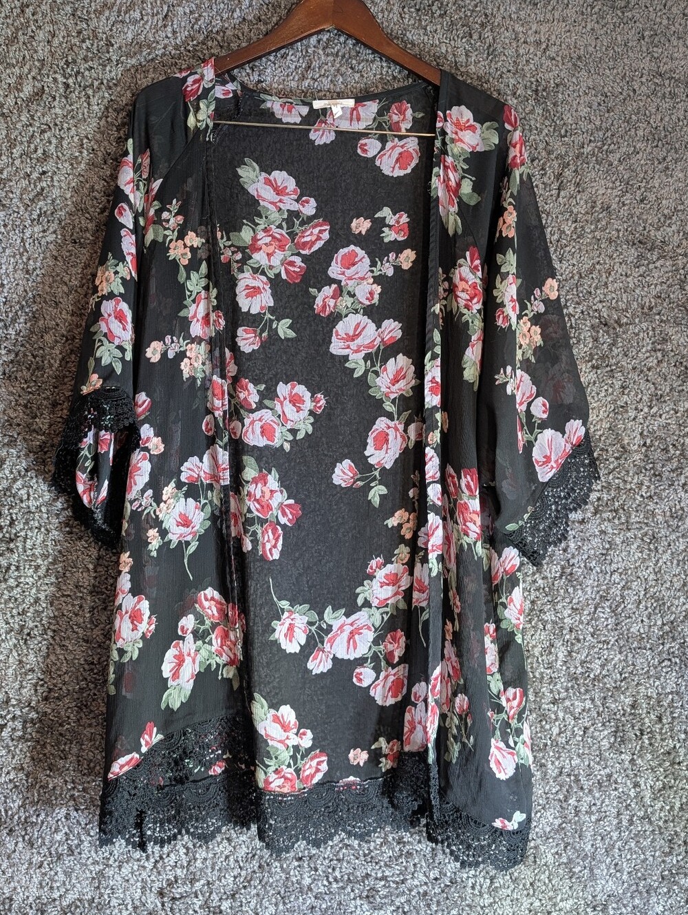 Maurices Kimono Women XXL Black Excellent Floral Lace Trim Sheer Chiffon Wrap